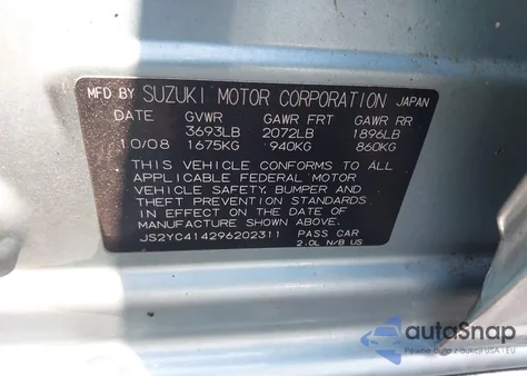 2009 Suzuki Sx4 Sport/Sport Technology из США, поврежденный, VIN JS2YC414296202311